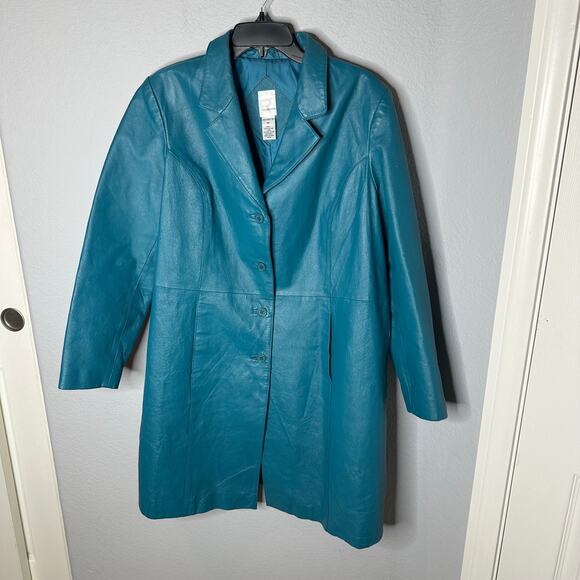 Vintage Roaman’s Teal Genuine Leather Trench Coat Long Button Jacket 90s Style - Picture 2 of 8